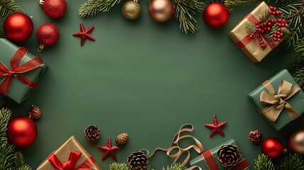 Christmas frame with gift boxes, paper decorations, jingle bells and spruce branches on green background. Holiday background 3d rendering. ai generative