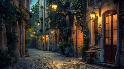 A picturesque view of a cobbled street winding through a historic district, surrounded by centuries-old architecture and vintage street lamps, creating a romantic ambiance