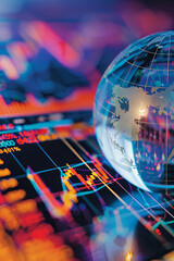 Conceptual representation of global financial markets, featuring stock charts and a globe