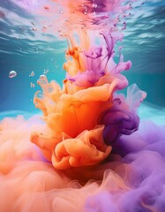 An underwater scene where a burst of colorful paint is exploding in a clear blue ocean