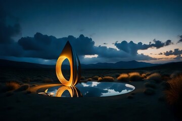 Luminous abstract sculpture in a natural landscape at dusk.