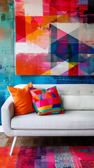 Bold geometric patterns adorn the cushions of a sleek sofa, set against a backdrop of vivid colors and an empty white frame waiting for a touch of creativity.