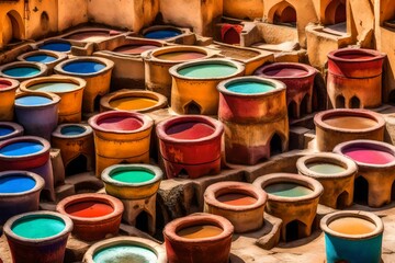 Colorful tannery vats in the ancient city of Fez, Morocco