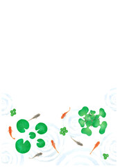 メダカと睡蓮とほてい草の水彩フレーム背景