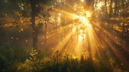 Golden hour sunlight streaming through forest