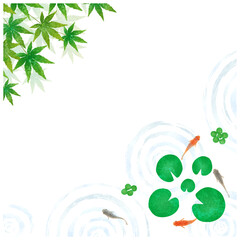 メダカと青もみじの夏らしい涼しげな水彩フレーム背景