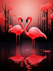 Abstract flamingos, red and black, minimalist lines ,  high resolution
