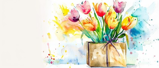 A watercolor painting of a bouquet of tulips in a brown paper bag