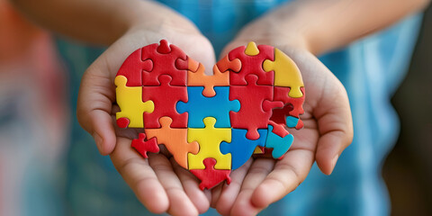Cupped hands presenting a colorful heartshaped puzzle symbolizing love support and autism awareness - obrazy, fototapety, plakaty