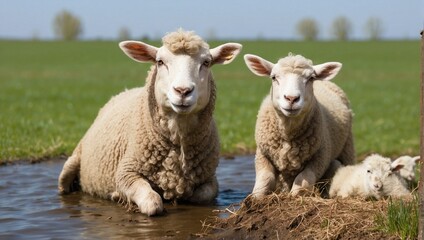 sheep and lambs in the green fields 