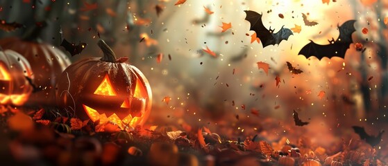 A pumpkin sits in a field of fallen leaves. A couple of bats fly overhead. The sun is setting and the sky is turning into a deep orange.