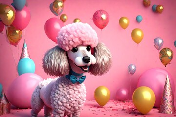 3d 4k Cute Cartoon Birthday Poodle on a Pink Background