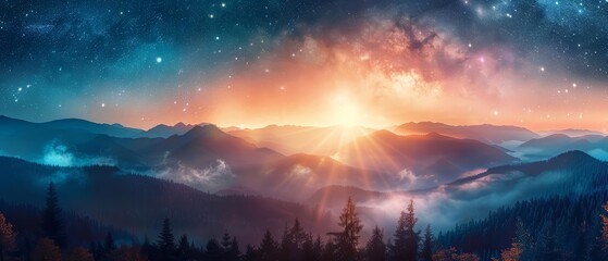 A beautiful landscape image of a mountain range at sunset - Powered by Adobe