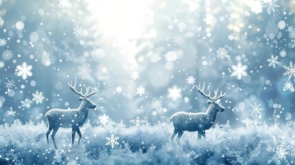 Two deer standing in a snowy forest. The sun is shining through the trees. The snow is falling heavily.