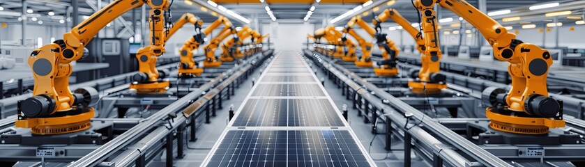 An automated production line of solar panels in a factory