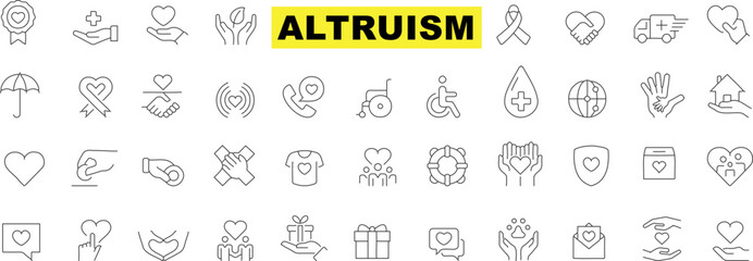 Altruism icon, charity volunteer icons set, inclusive society symbols, healthcare, protection, accessibility, global aid, social issues, kindness, generosity themes on white background