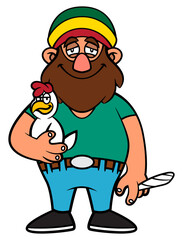 Bearded man cartoon characters wearing beanie cap with rasta colors. Smoking marijuana and hugging a rooster. Get ready for cockfighting. Best for mascot, logo, and sticker with reggae music themes