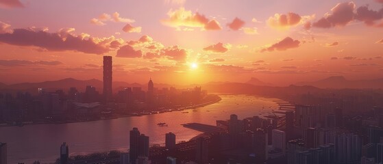 Fototapeta premium An aerial view of a city at sunset. The sky is orange and the sun is setting. The city is full of tall buildings and skyscrapers.