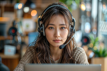 young asian woman as a call center operator, unhappy at work, underpaid and overstressed, social issues - obrazy, fototapety, plakaty