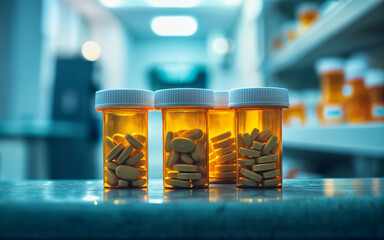 close up orange bottles of prescription pills unmarked jars, pharmacy / drug store 