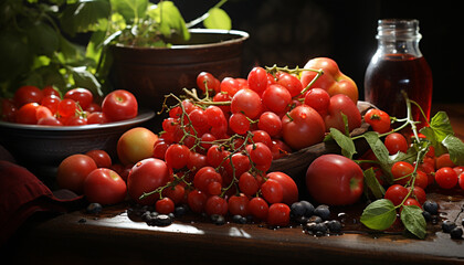 Freshness of organic tomato, healthy eating on wooden table