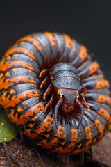 Colorful millipede curled on leaf