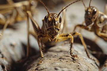 Close-up of a cricket on rocky ground