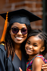 African University college graduate student mother and young daughter graduation ceremony commencement day higher education family