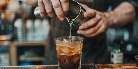  Bartender pouring iced coffee into glass at a cafe.