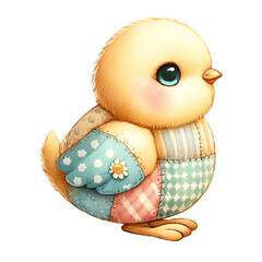 A cute little yellow chick with blue and pink patches on its body