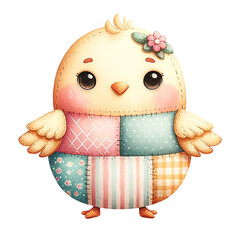 A cute little bird with a flowery headband and a patchwork quilt on its back