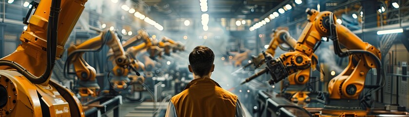 A man standing in a factory, looking at the robotic arms assembling cars.