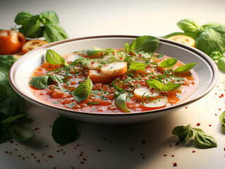 Tomato soup in bowl with fresh basil leaves. parmesan cheese and onion