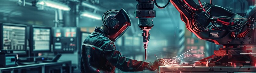 A welder works on a project with the assistance of a robotic arm.