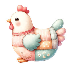 A cute chicken with a pink and blue patchwork outfit