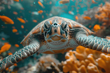  A closeup shot of a sea turtle surrounded by colorful coral reefs and fish. Created with Ai