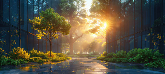 A beautiful sunrise over the forest, with rays of light piercing through trees and illuminating wet streets after rain. Created with Ai