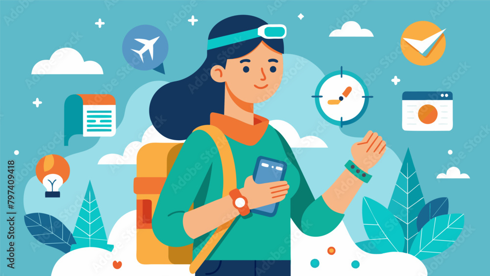 Poster a traveler wearing a device on her wrist confidently navigating through unfamiliar environments and 