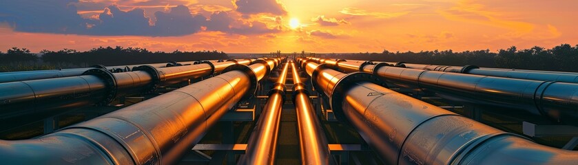 The image shows a long pipeline stretching into the distance with the sun setting in the background.