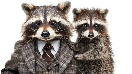 Funny two raccoons dressed isolated on white background