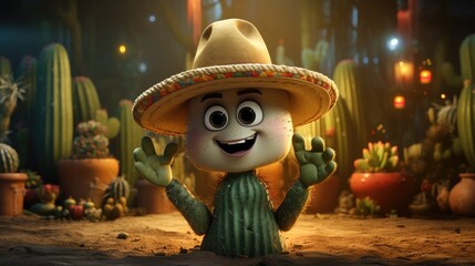A Picture Cactus character wearing sombrero, detailed, magic light, colorful background,intricate details, rich colors, realistic style, front look, AI Generative