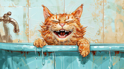 Fluffy ginger cat and in a vintage bathtub smiles broadly. Surreal art with weird animal.
