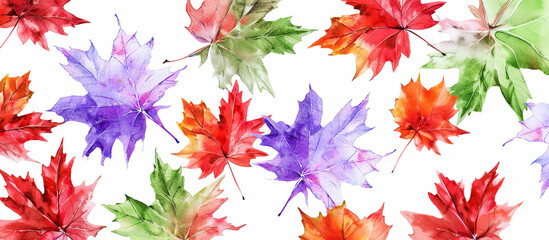 Design white background with colorful maple leaves. Watercolor banner. Concept of Autumn.