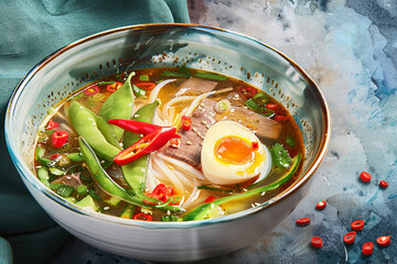 Japanese soup with onion, egg, soy sauce on table. Asian traditional hot food on blue background