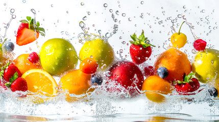 Tropical juicy fruits in water on white background. Vegetarian food concept