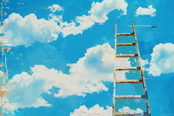 Ladder going up to sky collage. Stairs to the clouds. Development concept. Artwork