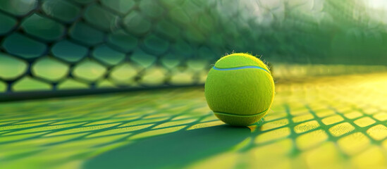 Tennis yellow ball, racket on the court. Sports banner. Healthy lifestyle concept.