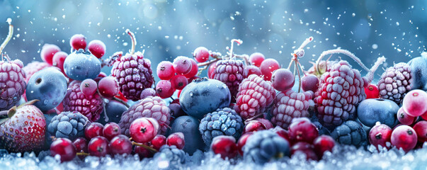 Assorted frozen blueberries, raspberries, strawberries. Panorama with food.