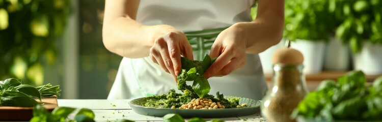 preparing fresh basil and pine nuts to make green pasta on a white table