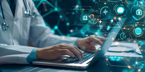 A futuristic digital interface displaying medical data and virtual consultations for the future of healthcare.